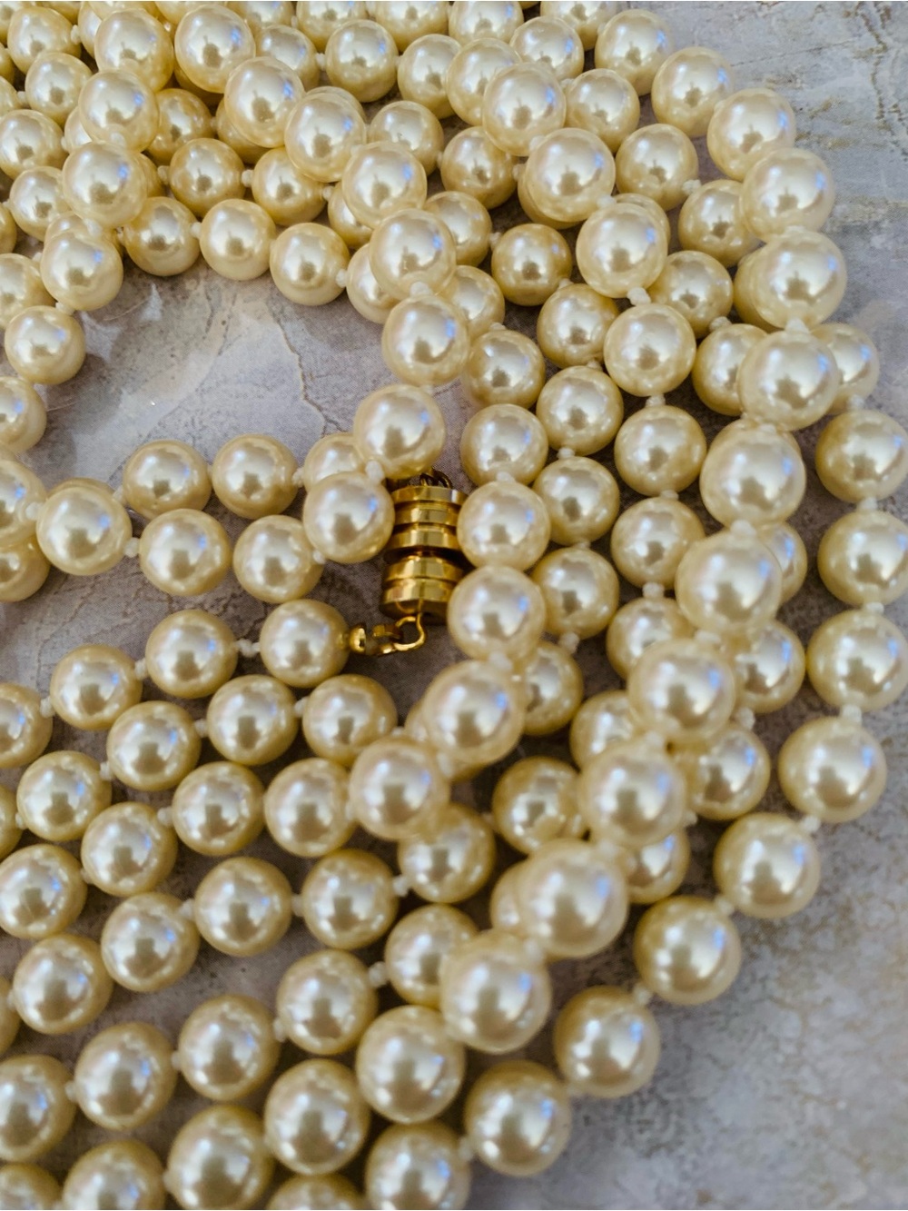 Flapper Era Cream Pearl Necklace 116” with Gold Screw Clasp
